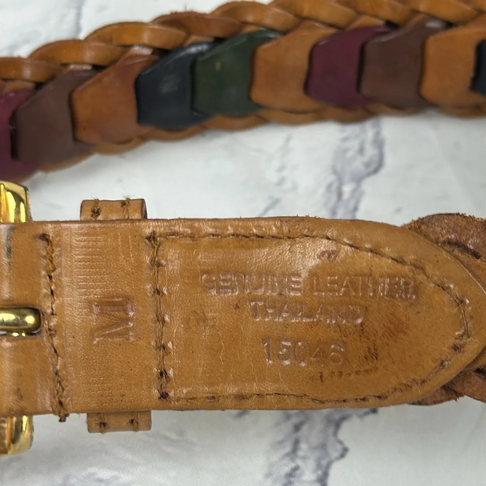 Vintage Genuine Leather Belt Multi-Color Woven Leather and Brass Buckle